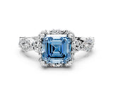 White gold Fancy Blue Asscher  Halo Twist Band Solitaire Ring with Six-Prong Setting_32