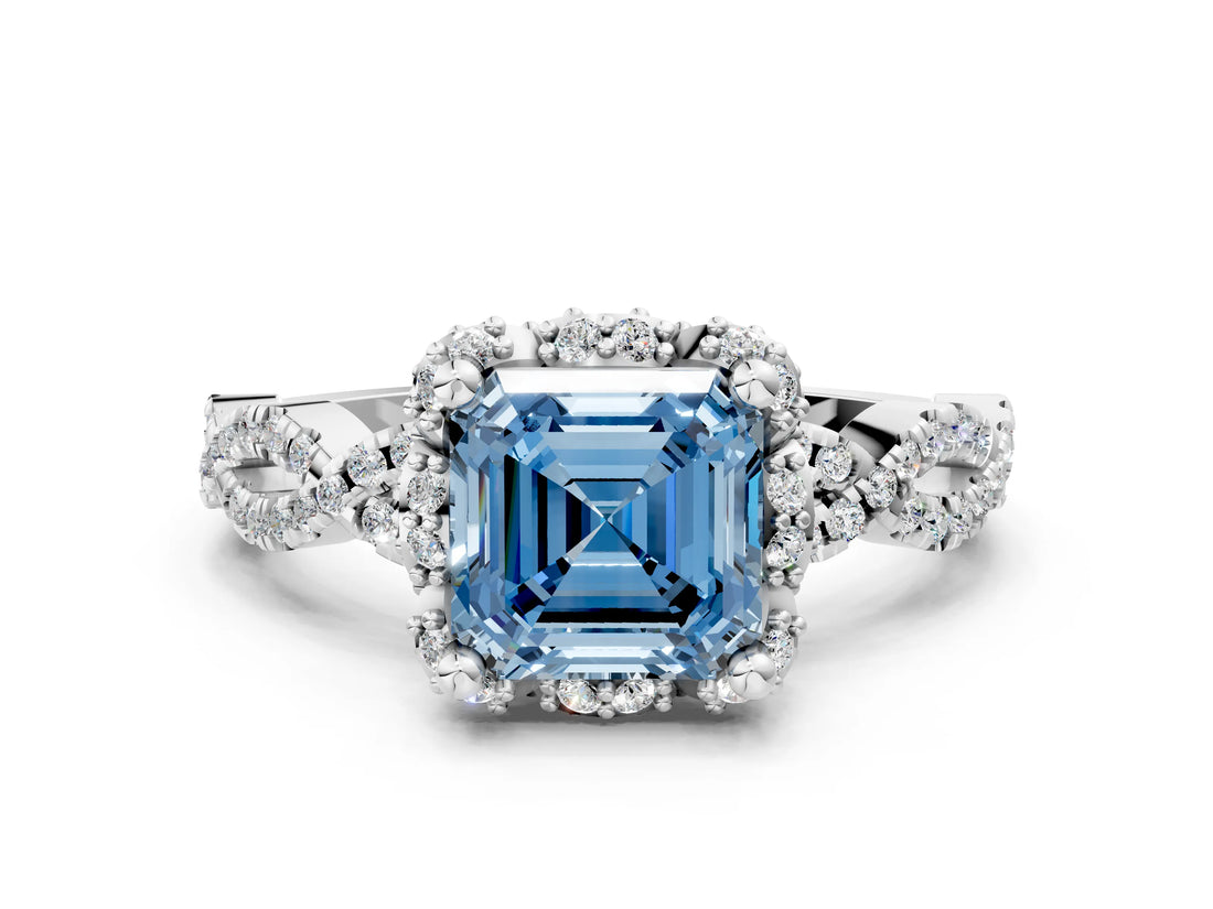 White gold Fancy Blue Asscher  Halo Twist Band Solitaire Ring with Six-Prong Setting_32