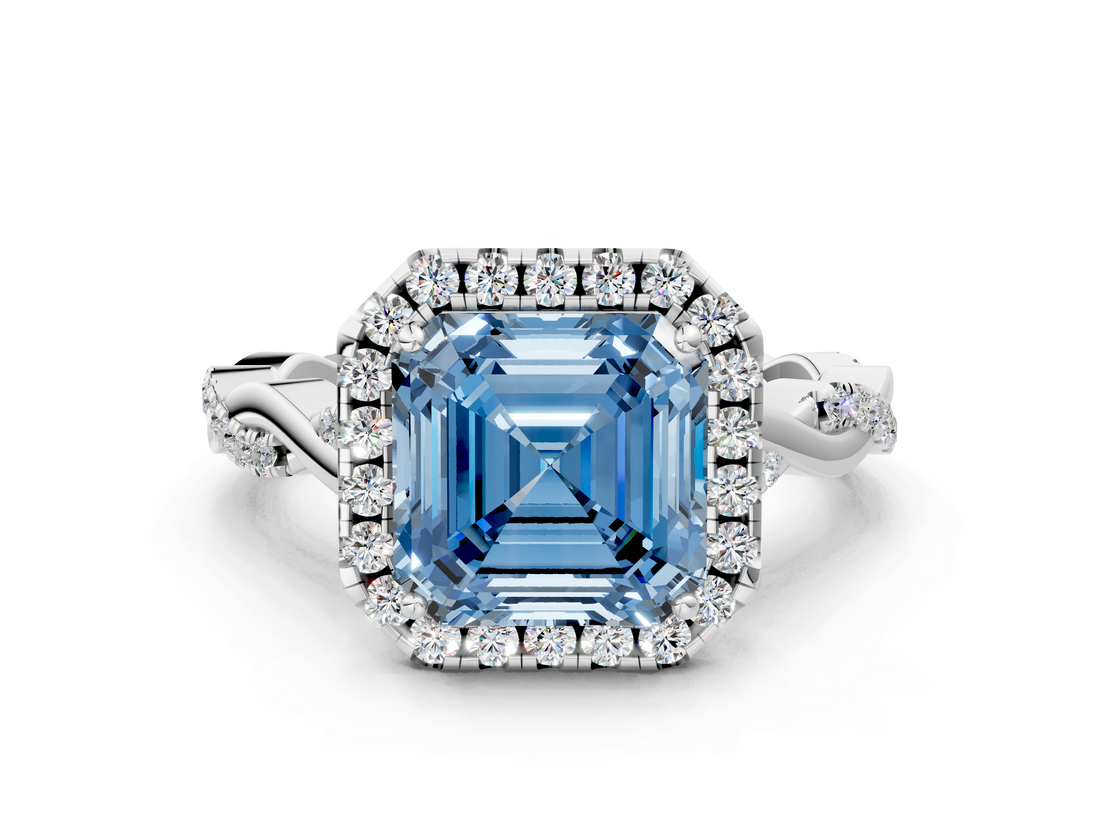 White gold Fancy Blue Asscher  Halo Twist Band Solitaire Ring
