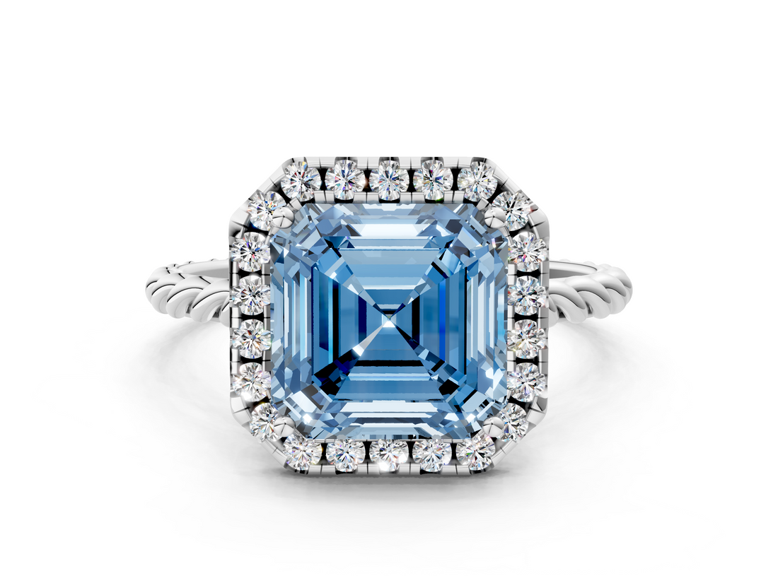 White gold Fancy Blue Asscher  Halo Twisted Band Four-Prong Diamond Ring