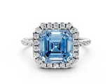 White gold Fancy Blue Asscher  Halo Twisted Band Four-Prong Diamond Ring
