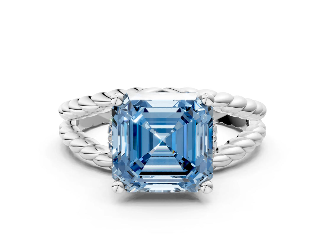 White gold Fancy Blue Asscher  Halo Twisted Band Four-Prong Ring_37