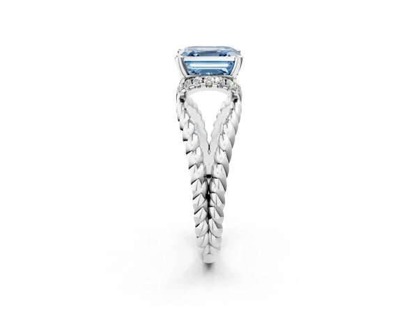 White Gold Asscher Cut Engagement Ring Setting for Fancy Blue Center with Rope Split Shank