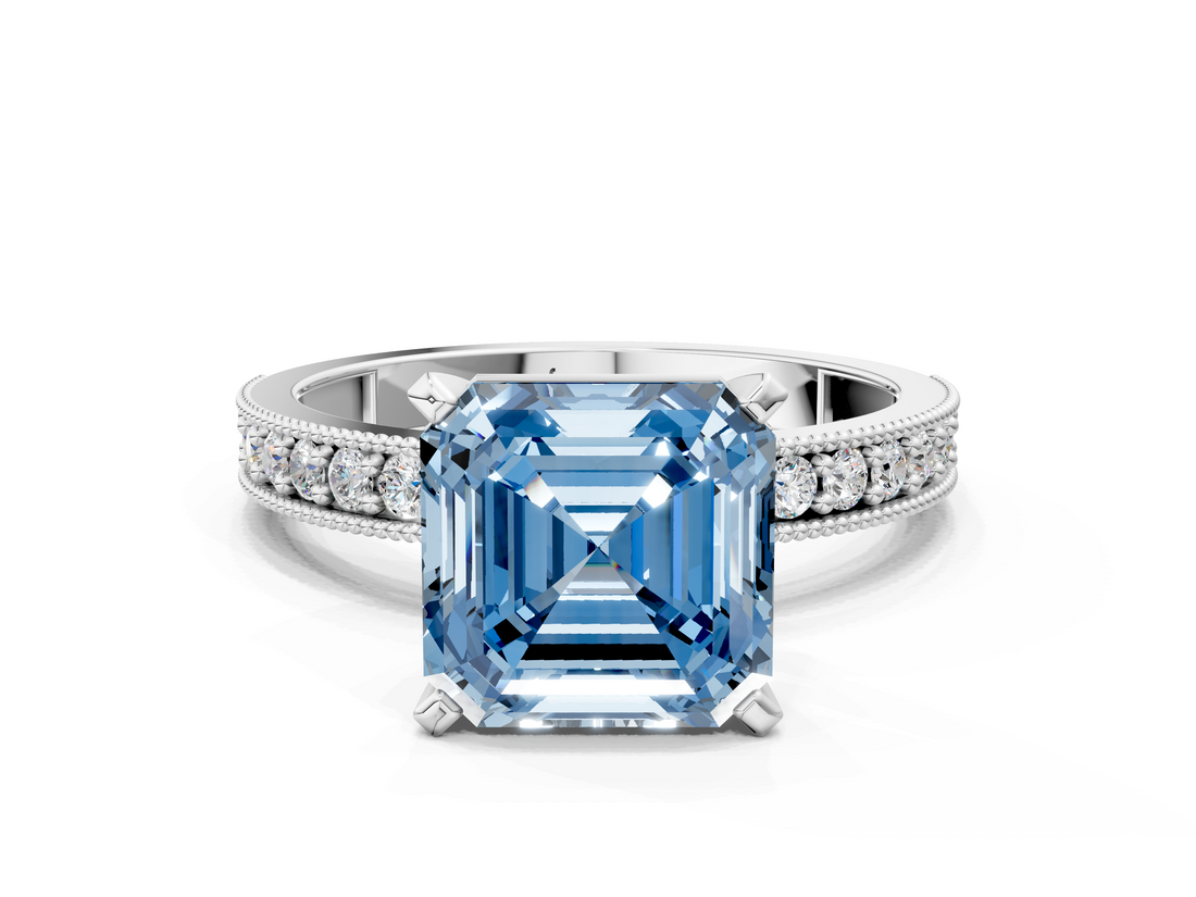 White gold Fancy Blue Asscher  Milgrain Pave Diamond Engagement Ring with Four-Prong Setting