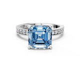 White gold Fancy Blue Asscher  Milgrain Pave Diamond Engagement Ring with Four-Prong Setting