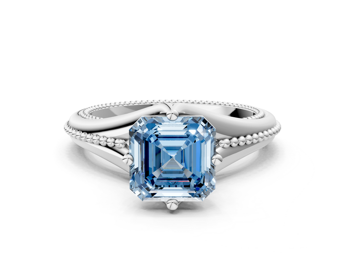 White gold Fancy Blue Asscher  Solitaire Beaded Band Six-Prong Setting