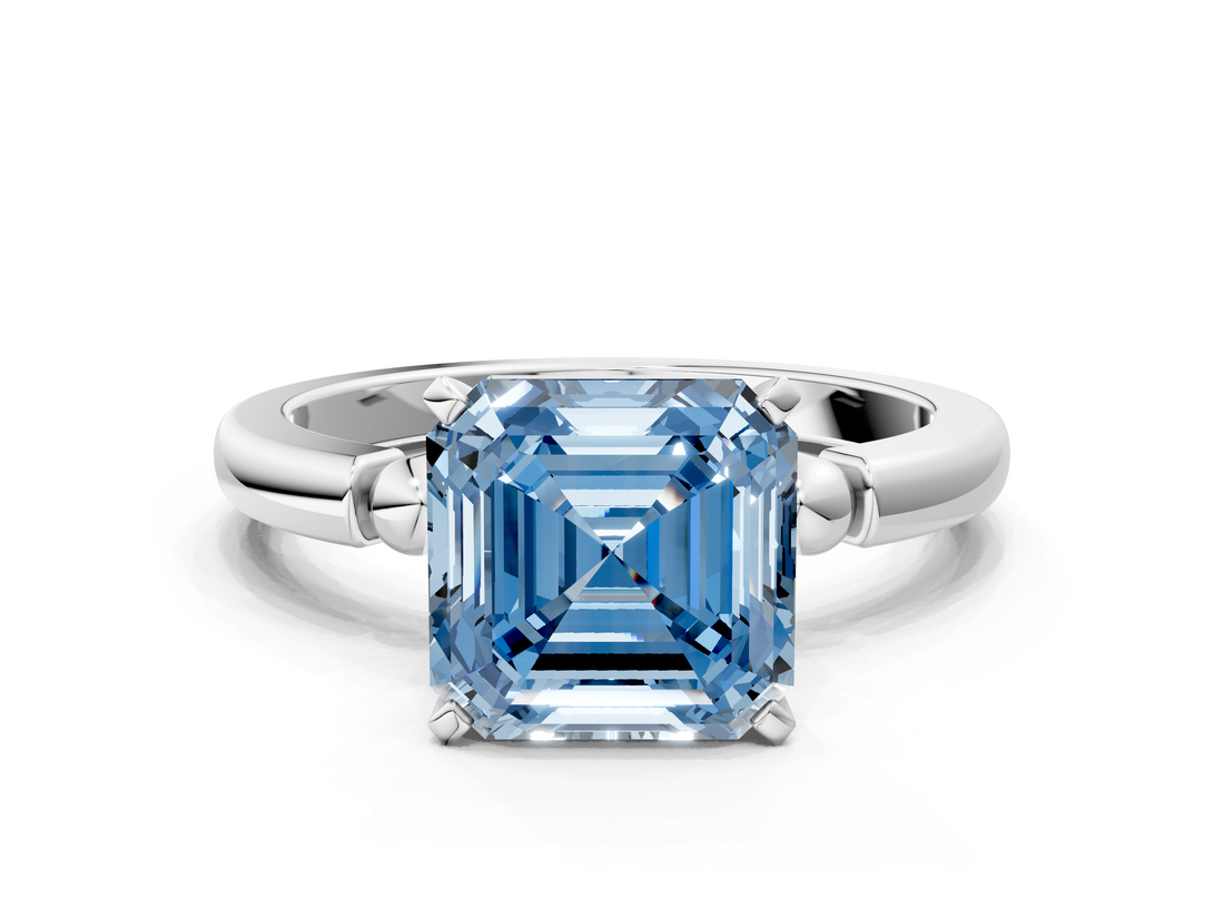 White gold Fancy Blue Asscher  Solitaire Beaded Band with Four-Prong Setting