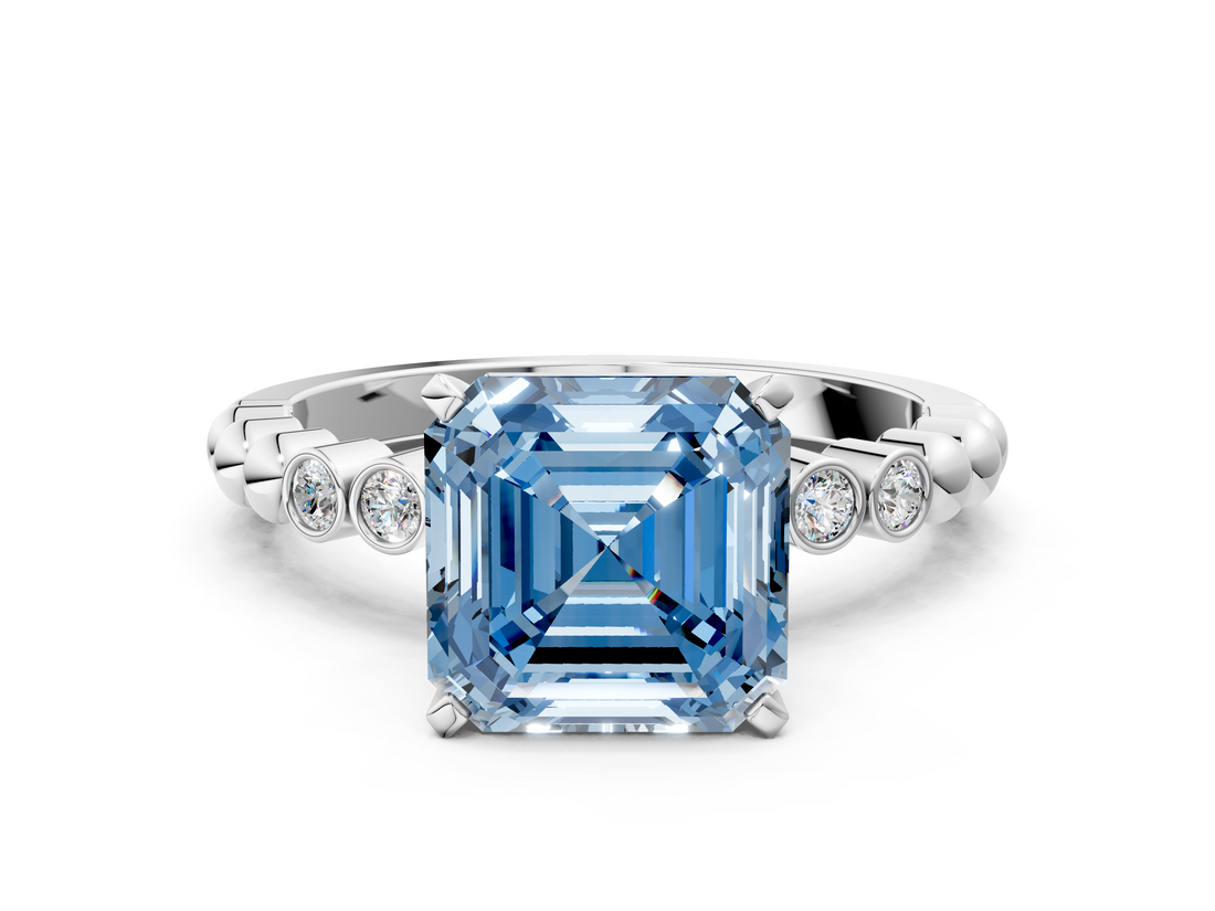 White gold Fancy Blue Asscher  Solitaire Bezel Accent Diamond Engagement Ring with Beaded Band and Four-Prong Setting
