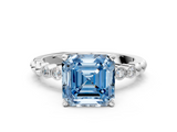 White gold Fancy Blue Asscher  Solitaire Bezel Accent Diamond Engagement Ring with Beaded Band and Four-Prong Setting