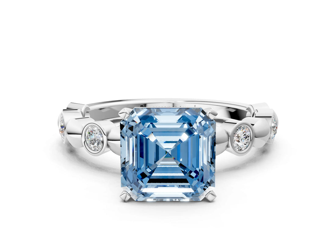 White gold Fancy Blue Asscher  Solitaire Bezel-Set Diamond Ring with Beaded Band and Four-Prong Setting_83