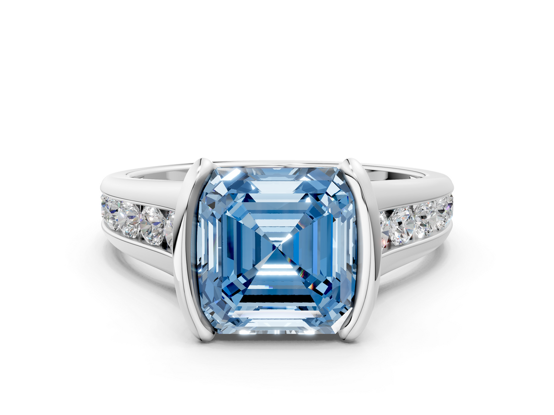 White gold Fancy Blue Asscher  Solitaire Bezel-Set Diamond Ring with Channel-Set Band_16