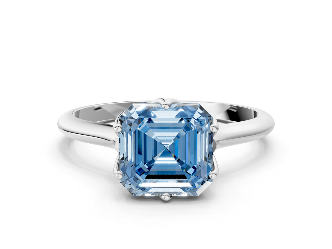 White gold Fancy Blue Asscher  Solitaire Cathedral Diamond Ring with Six-Prong Setting_22