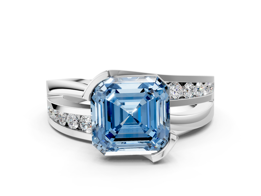 White gold Fancy Blue Asscher  Solitaire Channel-Set Split Shank Ring with Tension Prong Setting_3