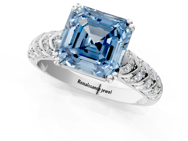 White Gold Asscher Cut Chevron Pave Solitaire Engagement Ring Setting for Fancy Blue Center