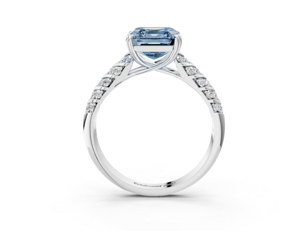 White Gold Asscher Cut Chevron Pave Solitaire Engagement Ring Setting for Fancy Blue Center