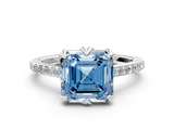 White gold Fancy Blue Asscher  Solitaire Diamond Engagement Ring with Pave Band and Six-Prong Setting