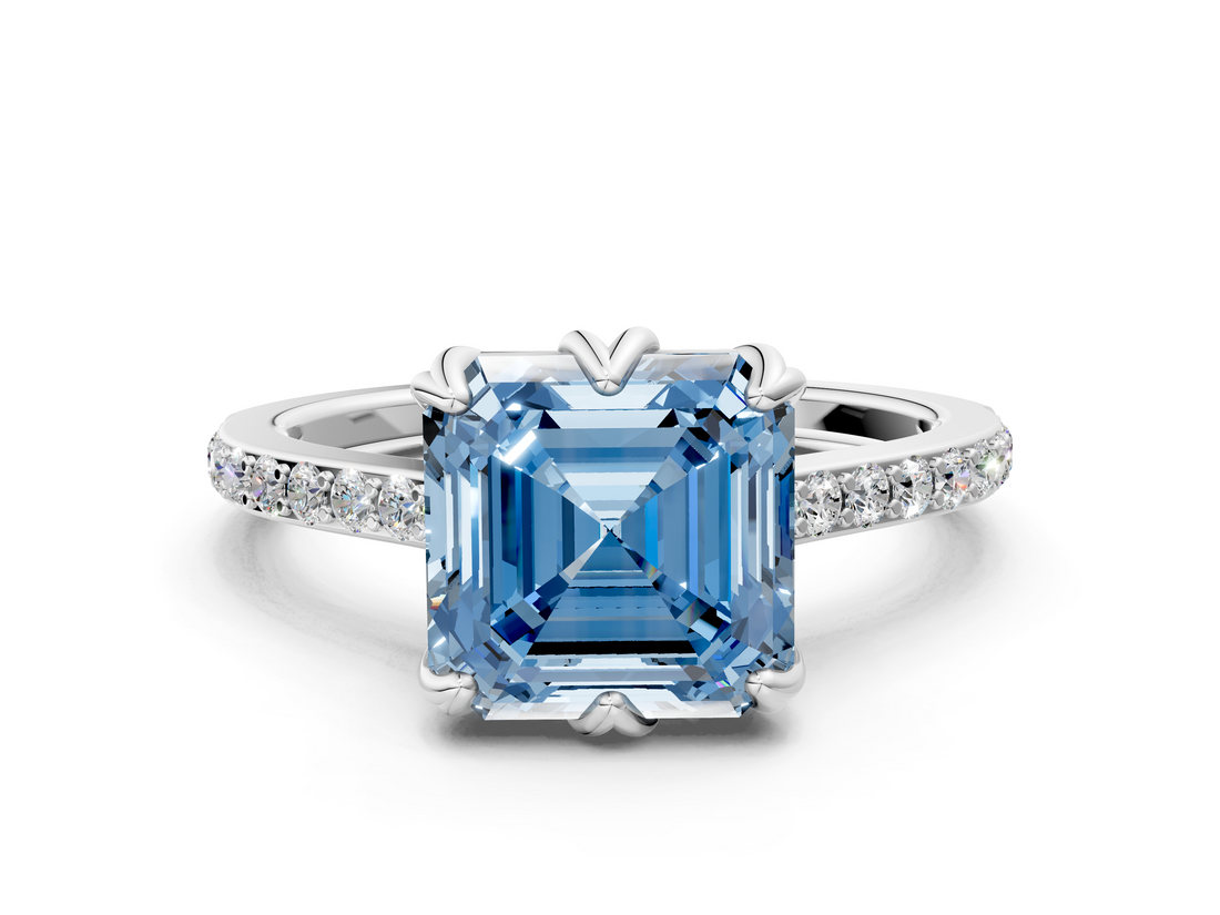White gold Fancy Blue Asscher  Solitaire Diamond Engagement Ring with Pave Band and Six-Prong Setting