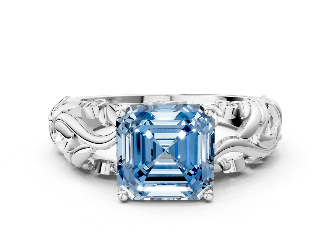 White gold Fancy Blue Asscher  Solitaire Diamond Leaf Vine Band with Prong Setting_17