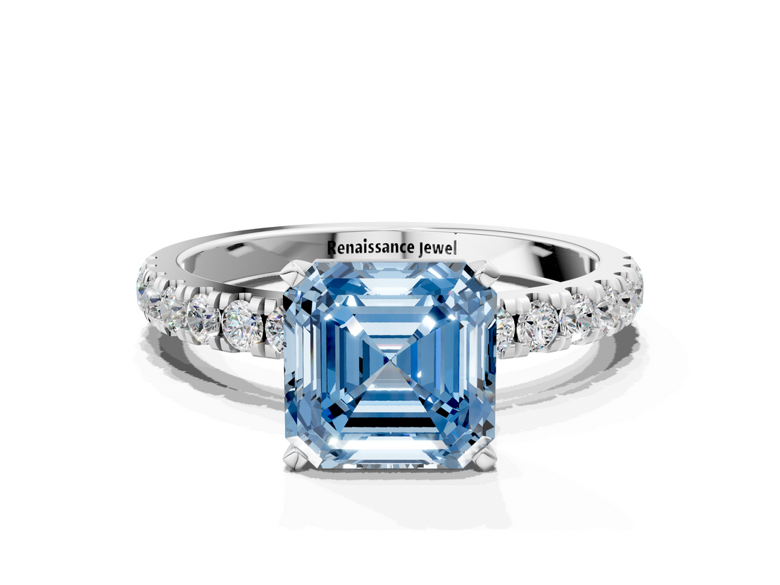 White gold Fancy Blue Asscher  Solitaire Diamond Pavé Band with Four-Prong Setting