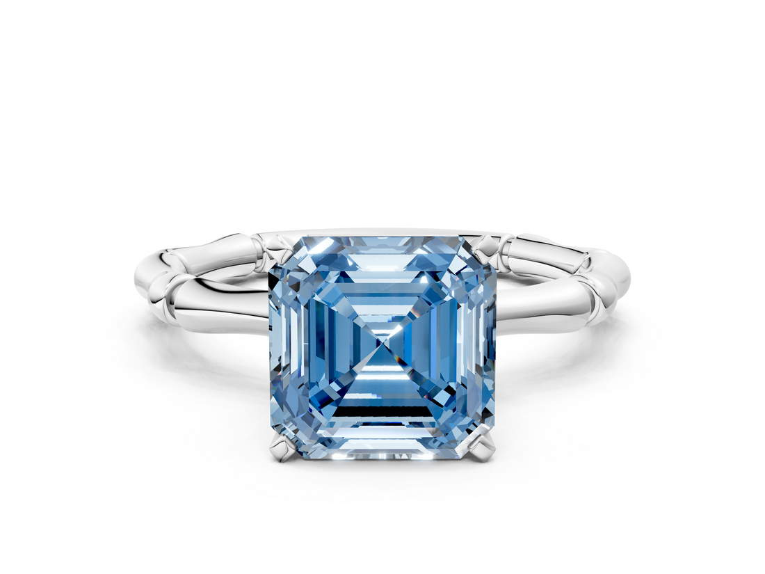 White gold Fancy Blue Asscher  Solitaire Diamond Ring with Bamboo Band and Four-Prong Setting_17