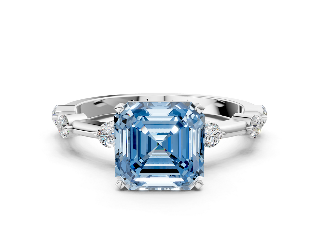 White gold Fancy Blue Asscher  Solitaire Diamond Ring with Bezel Set Side Stones and Prong Setting