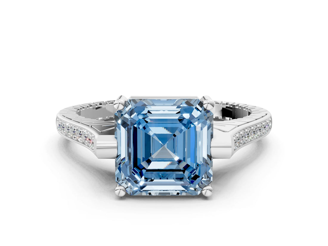 White gold Fancy Blue Asscher  Solitaire Diamond Ring with Channel Set Band and Bezel Prong Setting_61