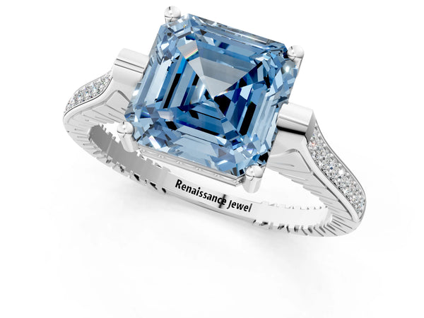 White Gold Asscher Cut Vintage Cathedral Engagement Ring Setting for Fancy Blue Center