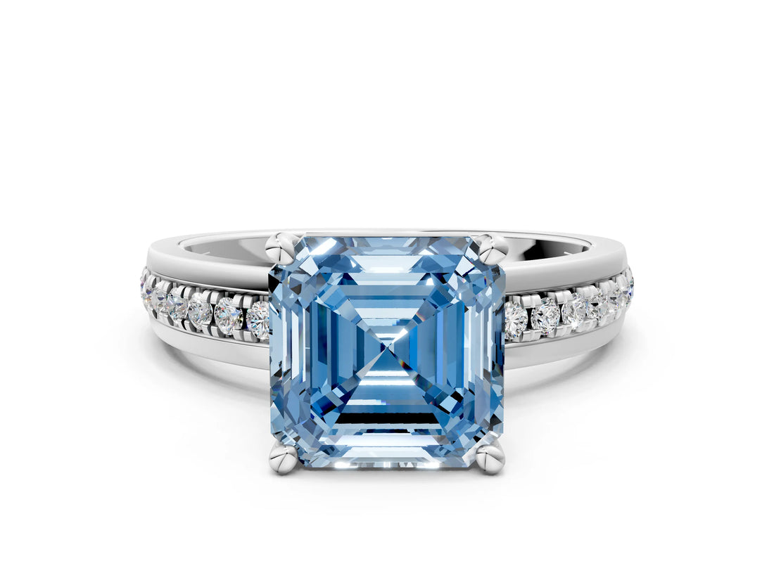 White gold Fancy Blue Asscher  Solitaire Diamond Ring with Channel Set Band and Six-Prong Setting_47