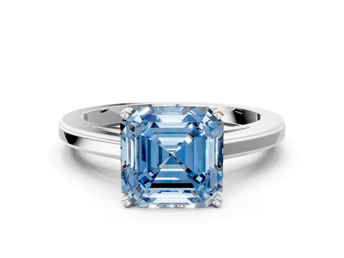 White gold Fancy Blue Asscher  Solitaire Diamond Ring with Four-Prong Setting and Classic Band_20