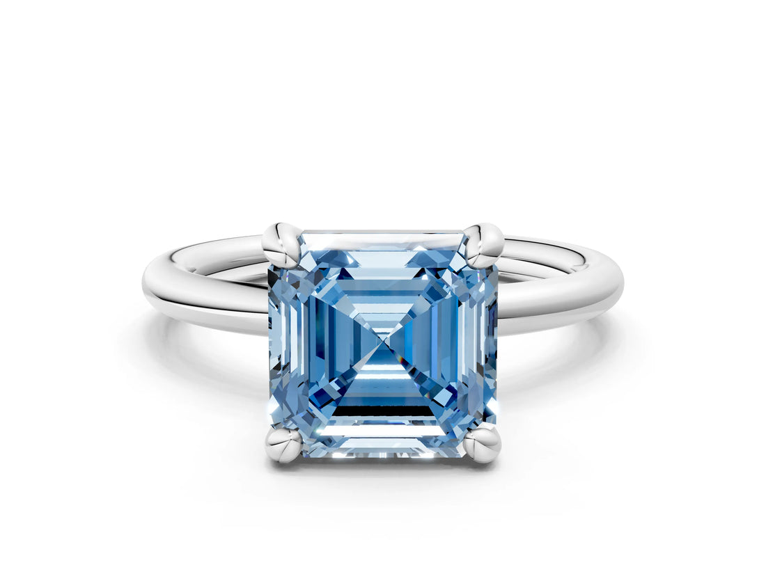 White gold Fancy Blue Asscher  Solitaire Diamond Ring with Four-Prong Setting on a Plain Band_53