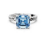 White gold Fancy Blue Asscher  Solitaire Diamond Ring with Milgrain and Black Enamel X Pattern Band_46