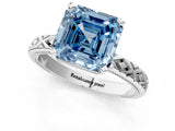 White gold Fancy Blue Asscher  Solitaire Diamond Ring with Milgrain and Black Enamel X Pattern Band_47