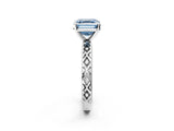 White gold Fancy Blue Asscher  Solitaire Diamond Ring with Milgrain and Black Enamel X Pattern Band_48