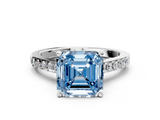 White gold Fancy Blue Asscher  Solitaire Diamond Ring with Pavé Band and Four-Prong Setting