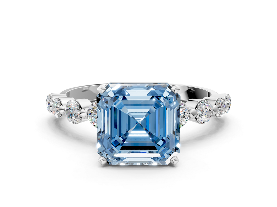 White gold Fancy Blue Asscher  Solitaire Diamond Ring with Pave Band and Four-Prong Setting_16
