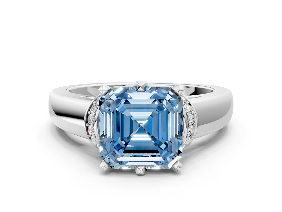 White gold Fancy Blue Asscher  Solitaire Diamond Ring with Pave Band and Six-Prong Setting_53