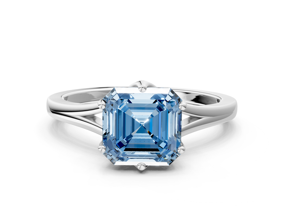 White gold Fancy Blue Asscher  Solitaire Diamond Ring with Six-Prong Setting and Tapered Band_17