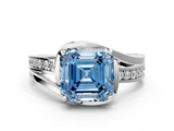 White gold Fancy Blue Asscher  Solitaire Diamond Ring with Split Shank and Prong Setting