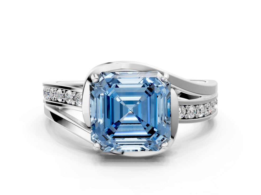 White gold Fancy Blue Asscher  Solitaire Diamond Ring with Split Shank and Prong Setting