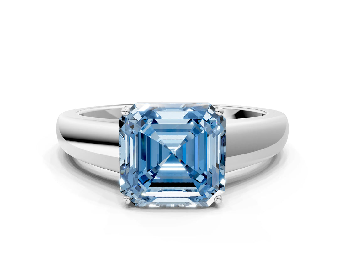 White gold Fancy Blue Asscher  Solitaire Diamond Ring with Tapered Band and Four-Prong Setting_106