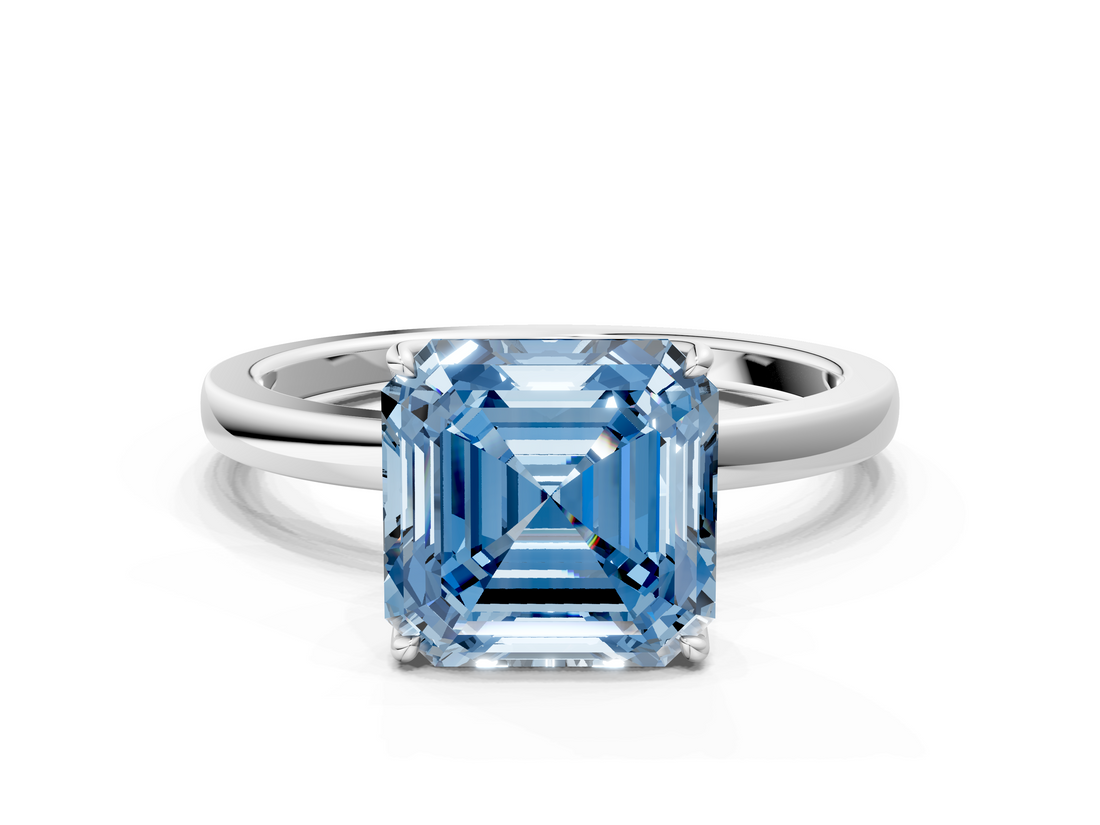 White gold Fancy Blue Asscher  Solitaire Diamond Ring with Thin Band and Four-Prong Setting_32