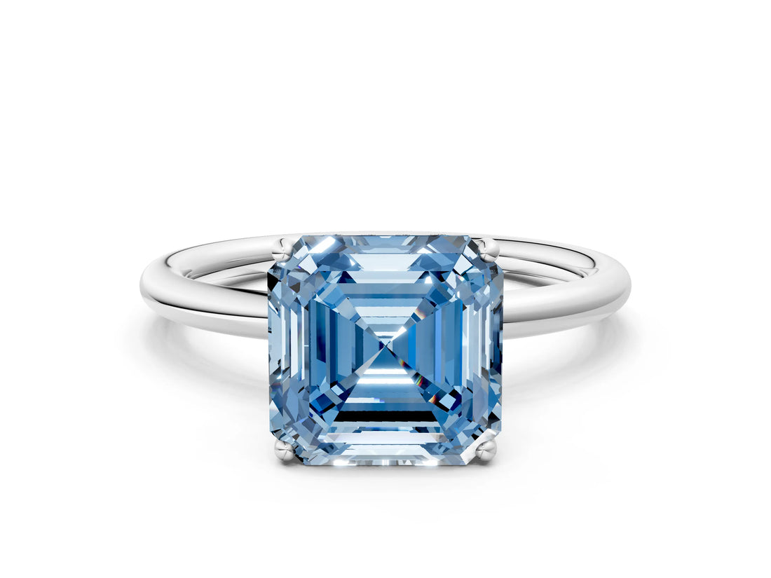 White gold Fancy Blue Asscher  Solitaire Diamond Ring with a Classic Band and Four-Prong Setting 1