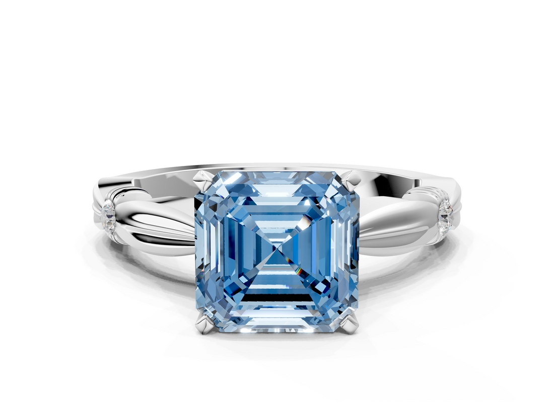 White gold Fancy Blue Asscher  Solitaire Diamond Twisted Band with Four-Prong Setting
