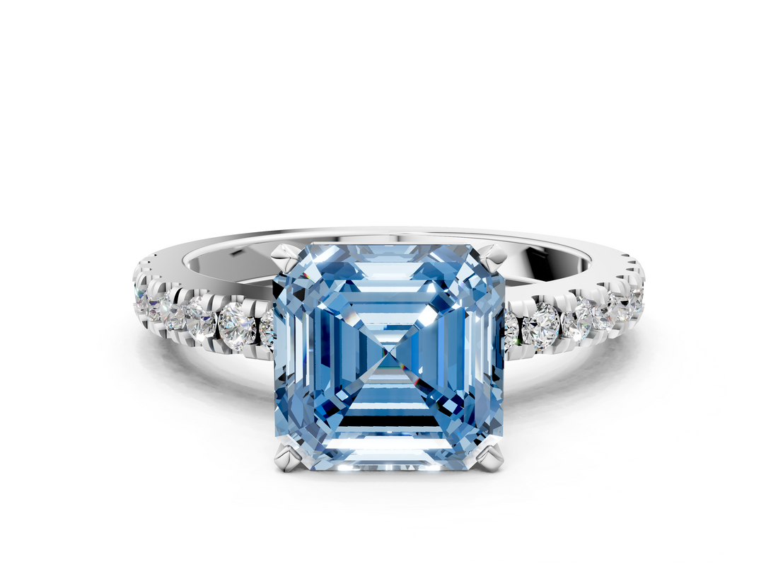 White gold Fancy Blue Asscher  Solitaire Diamond with Pavé Band and Four-Prong Setting_17