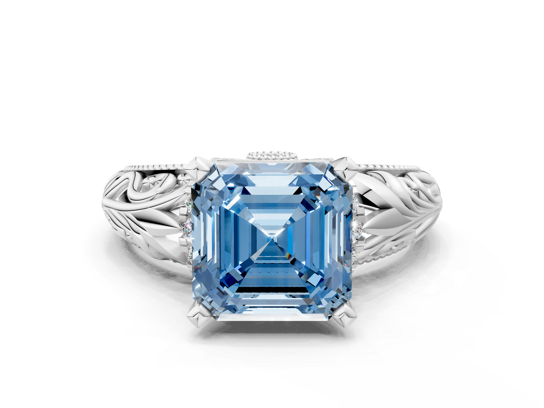 White gold Fancy Blue Asscher  Solitaire Filigree Engagement Ring with Halo and Prong Setting_16