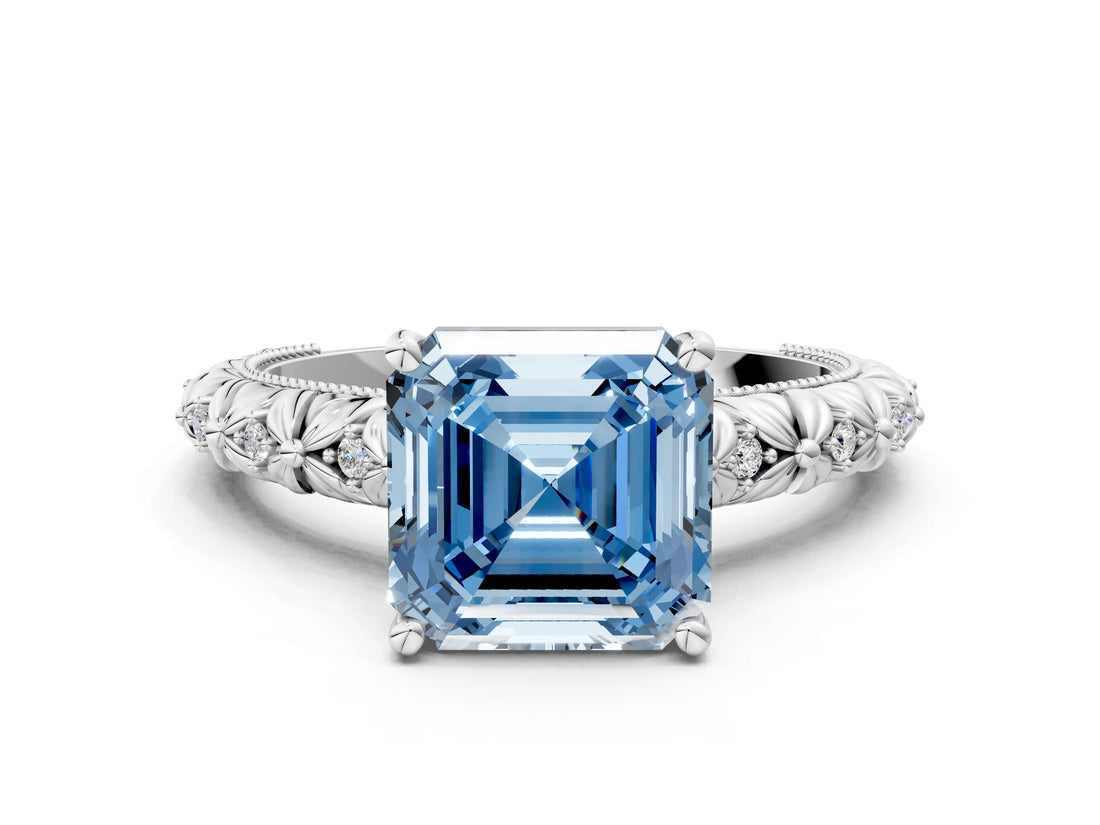 White gold Fancy Blue Asscher  Solitaire Floral Milgrain Engagement Ring_31