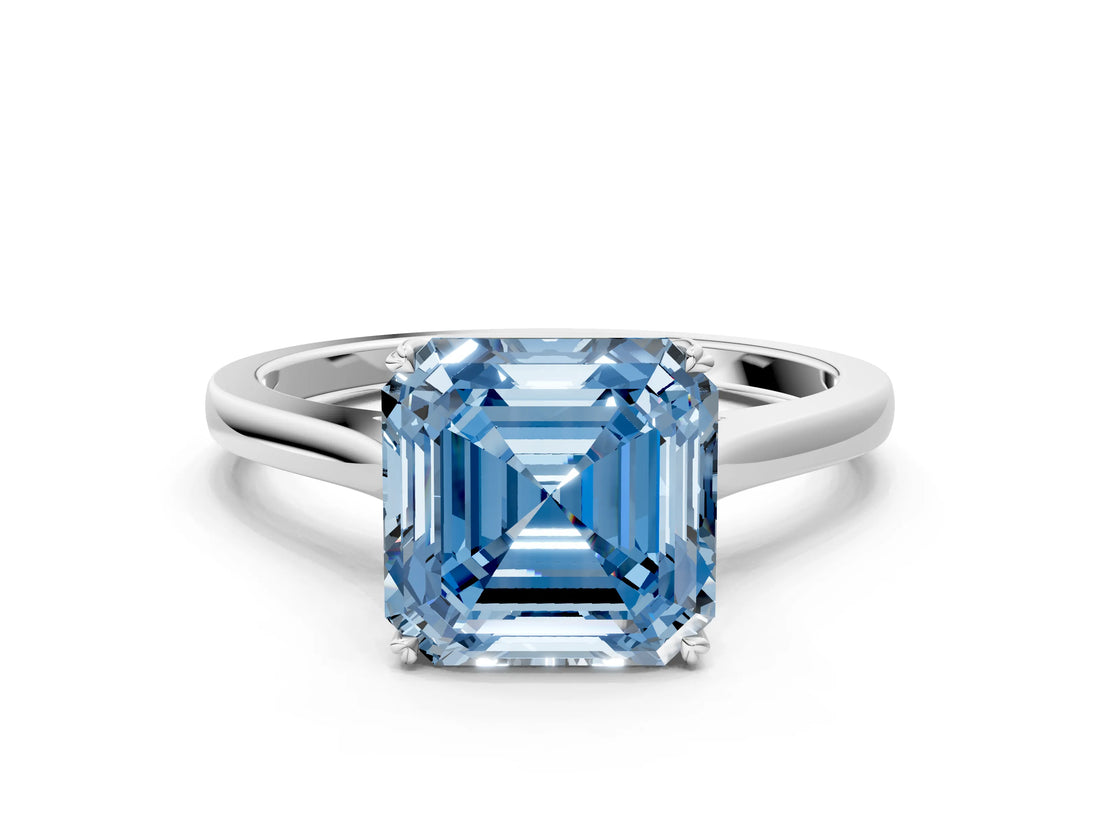 White gold Fancy Blue Asscher  Solitaire Heart Prong Engagement Ring with Tapered Band_89