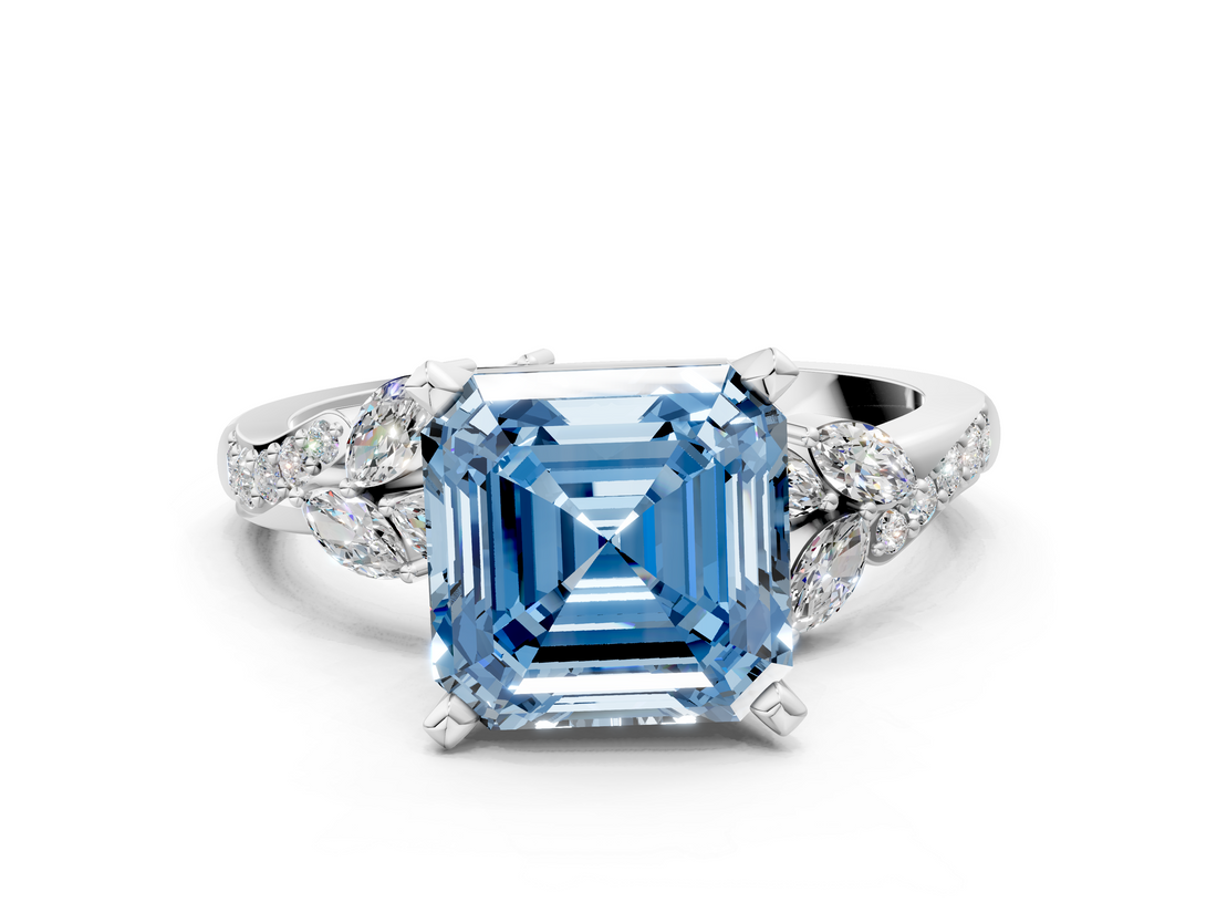 White gold Fancy Blue Asscher  Solitaire Marquise Twist Band with Six-Prong Setting