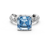 White gold Fancy Blue Asscher  Solitaire Milgrain Diamond Engagement Ring with Bezel and Marquise Band