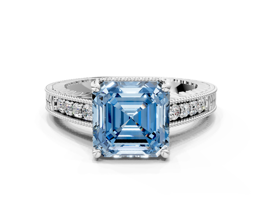 White gold Fancy Blue Asscher  Solitaire Pavé Diamond Milgrain Engagement Ring with Four-Prong Setting